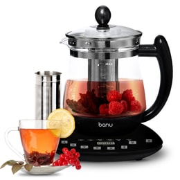BANU Hot Tea Maker Electric Glass Kettle with Tea infuser and Temperature control 304 Stainless Steel 1.8 Liter