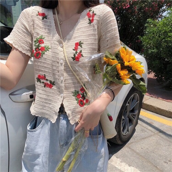 HSPM New Embroidered Cardigan Knitted Shirt Apricot Red Flower M