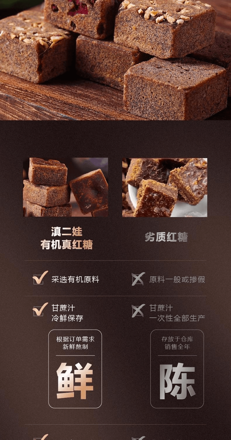 【中国直邮】 滇二娃 有机老红糖块产妇月子原味有机红糖120g*2盒