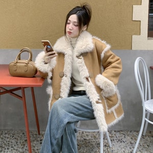 【中国直送】HSPM フェイクフォックス ショート丈 ゆったりファーコート ブラウン ショートサイズ