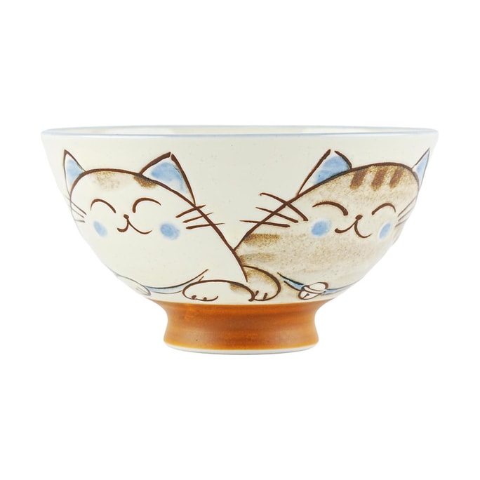 日本 米饭碗 猫咪图案 陶瓷饭碗 磨砂外层 可爱餐具 蓝白棕色 11.43*6.35cm