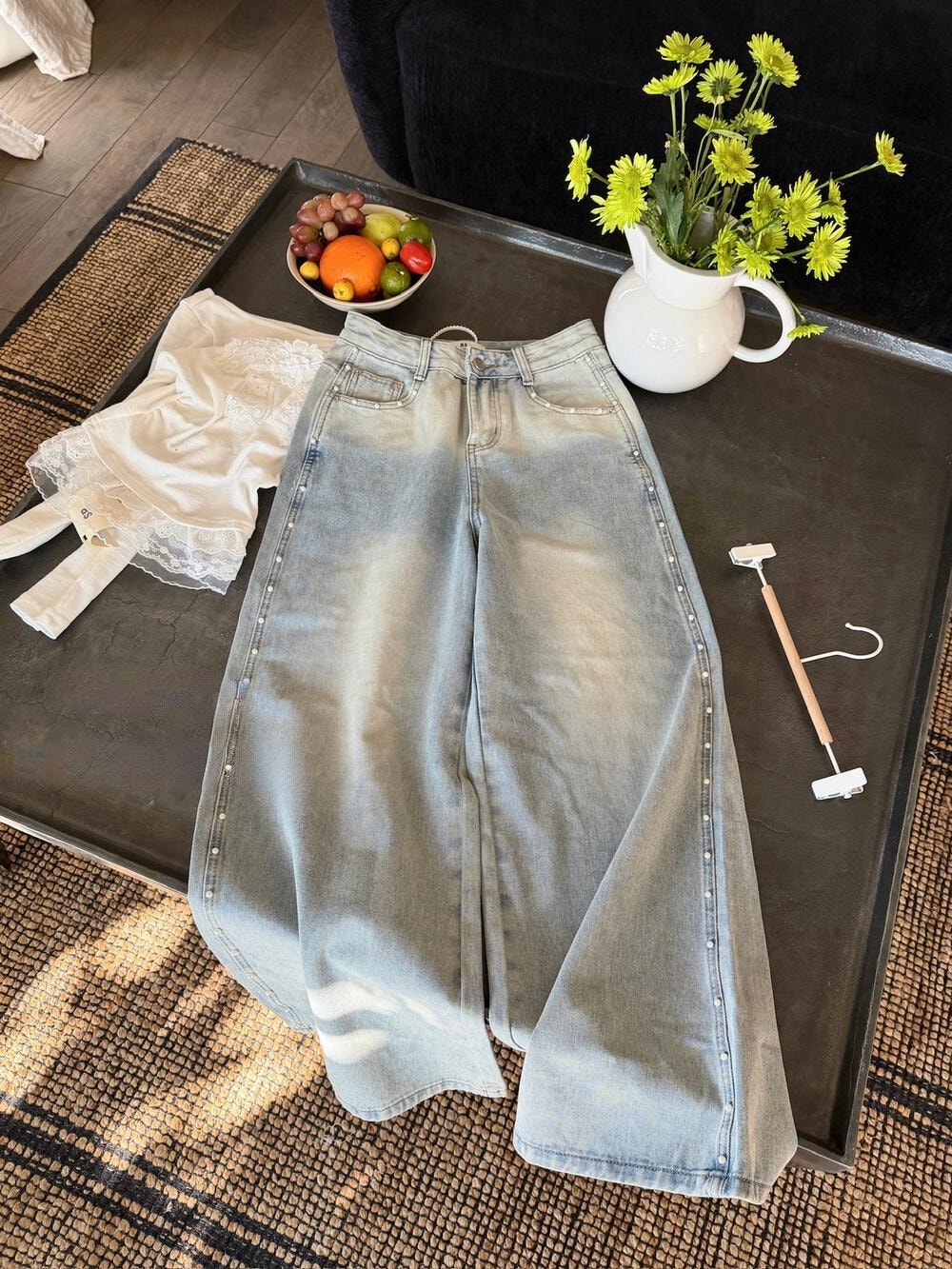 【加拿大直邮】 加拿大 SCENARIO 珍珠线条宽腿牛仔裤 浅蓝色 S-M码 浅蓝色 S