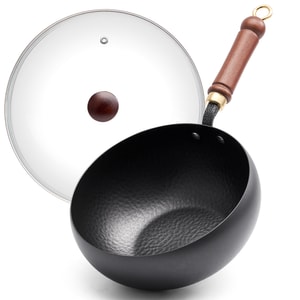 Wide-Belly Deep Wok 24cm - Uncooked Carbon Steel, Multi-Purpose Pot for Braising & Stir-Frying, Compatible with All Stovetops (Induction/Gas)