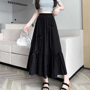 Chinese Style Summer Bow Splicing High Waist Skirts for Women Black S