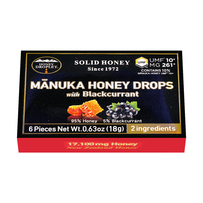 紐西蘭HONEY DROPLET 95%麥盧卡蜂蜜滴劑 潤喉糖含片 黑加侖口味 18g【UMF10+ MG261+】