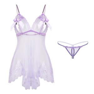 Fun Lingerie Sexy Suspender Bow Hollow Sleepwear Lace Nightgown Black One Size