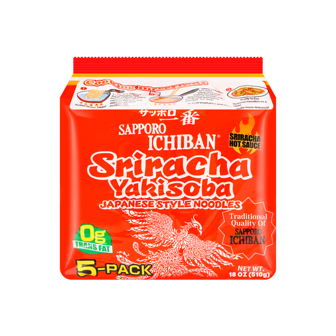 Sriracha Yakisoba - Spicy Japanese-Style Instant Noodles, 5 Packs, 18oz