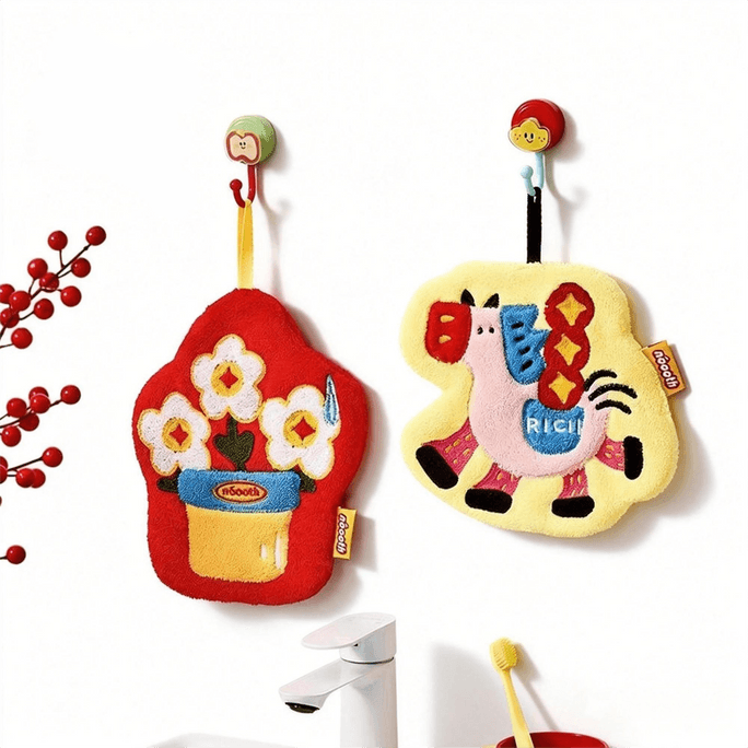 Leap&Bloom 「马上有钱」可爱卡通擦手巾 浴室厨房擦手捕 吸水速干 加厚珊瑚绒擦手毛巾 小方巾 1件