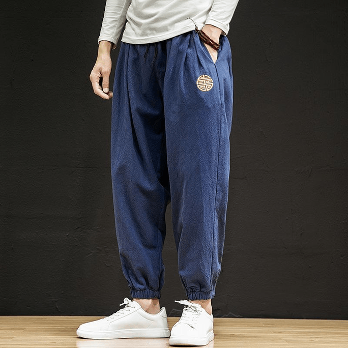Chinese Style Cotton and Linen Embroidery Loose Casual Harem Cuffed Pants Navy M