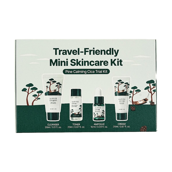 韩国ROUND LAB柔恩莱 松针积雪草CICA旅行护肤套装 4件套 修护维稳体验装 | 镇静舒缓 + 屏障修护 | 洁面 30ml+爽肤水 20ml+精华安瓶 10ml+面霜 20ml