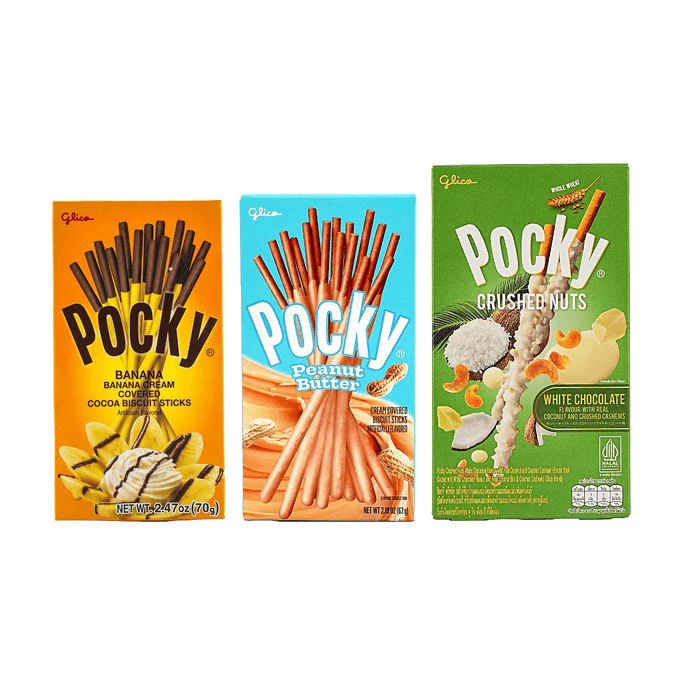 泰國格力高 POCKY百奇 香蕉巧克力+花生醬+白巧克力堅果碎全麥餅乾棒 157g【3種口味3件組合裝】【含椰蓉+腰果碎】