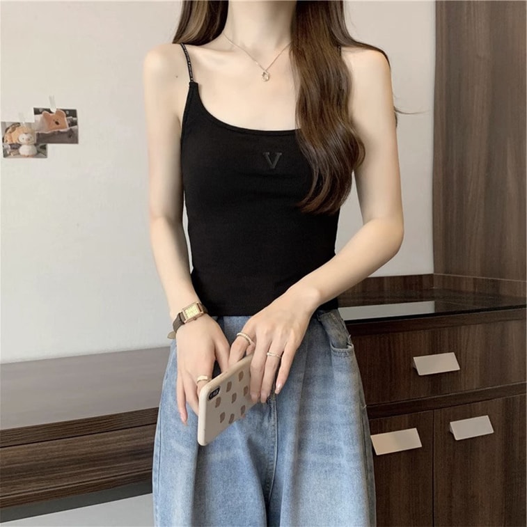 【中国直邮】 HSPM 纯棉针织小吊带带胸垫一体女士背心 黑色 M 1件 3