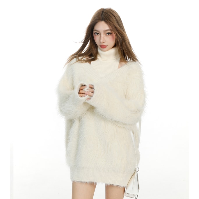 New High Neck Fake Two Off Shoulder Sweater Knitted Sweater Beige F