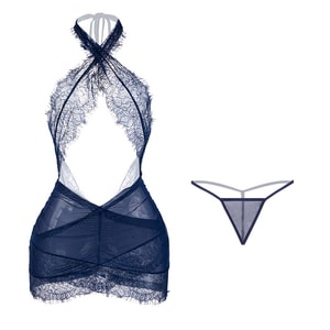 Fun Lingerie Sexy Tight Neck Hanging Lace Secretary Dress Blue One Size