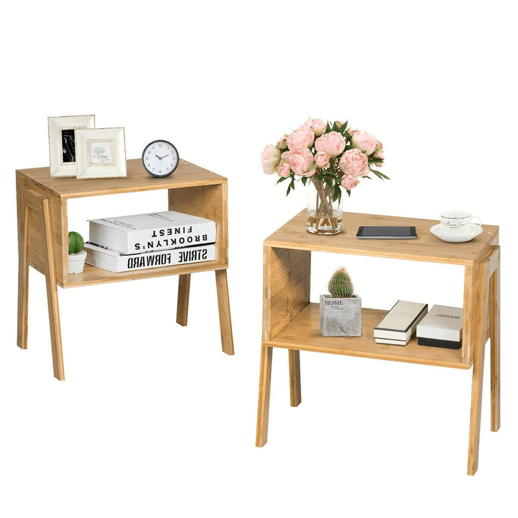 2 Pieces 25 Inch Bamboo Nightstand Sofa Table With Storage Shelf 3