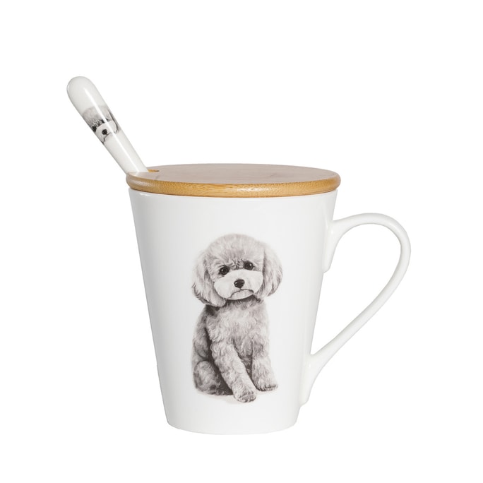 Petorama陶瓷宠物肖像印花水杯+竹杯盖+陶瓷把手不锈钢勺子套装-灰色贵宾犬