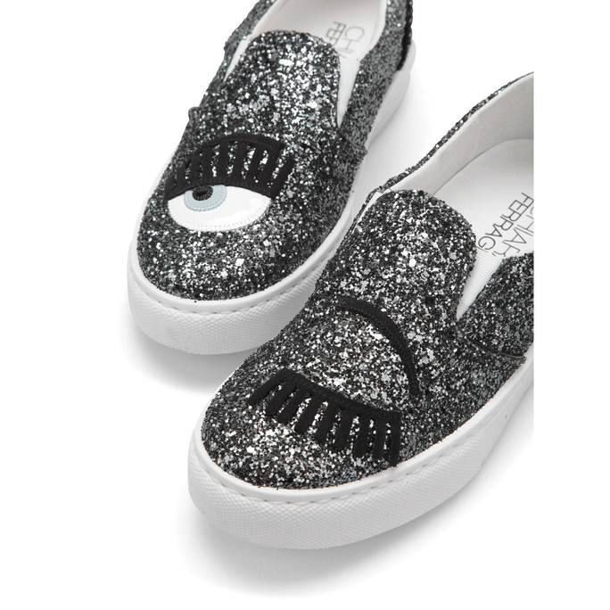 Chiara Ferragni Women's Dark Grey Glitter Flirting Wink Eye Leather Sneaker US W5