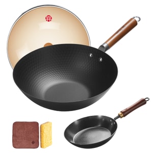 王源吉 ⭐省力 省油⭐ 【女士友好炒锅+手锻煎盘】 30cm 仅重1KG轻量炒锅 无涂层 轻松颠锅 26cm手工锻打煎盘 无涂层 越用越不粘  不挑炉灶,完全适用!