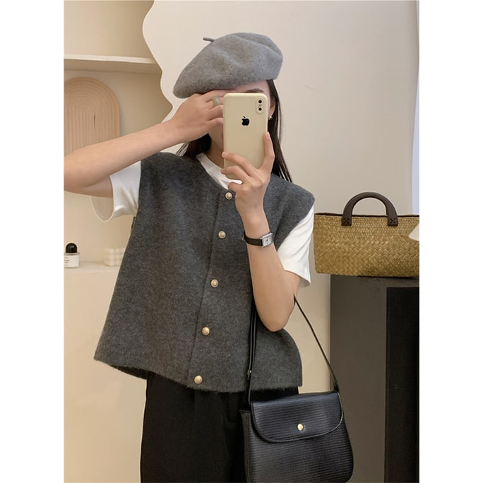 New Casual Versatile Round Neck Single Breasted Knitted Vest Cardigan In Dark Gray M