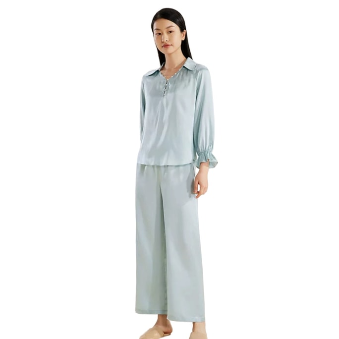 Mulberry Silk Can Be Worn Outside Fashion Women's Pyjamas Clothes And Pants Suit Pajamas YSFDC201# Light Blue 170XL