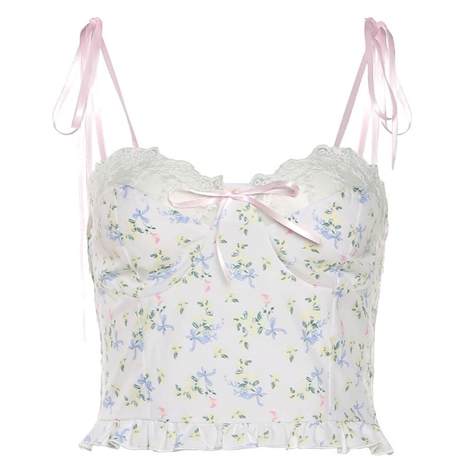 【NEW YORK】Bella’s Fantasy Ditsy Print Scalloped lace trim Bow tie Should Straps the v-neckline Camisole White