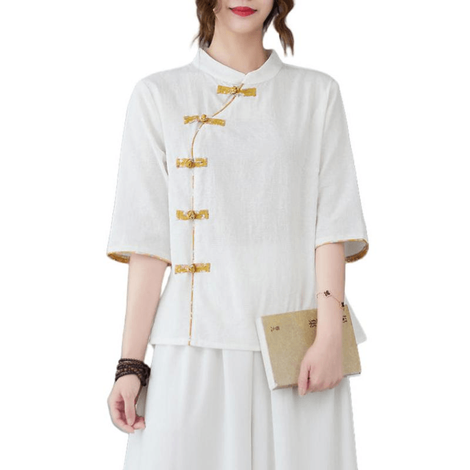 Chinese Style Cotton and Linen Slant Knot Button Mid-sleeve Shirt Top White M