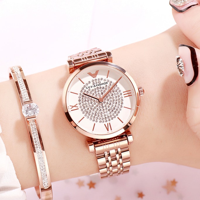 中國直郵 歌迪GEDI 爆款滿天星品牌女士鑲鑽女錶時尚潮流防水手錶 玫瑰金殼白盤