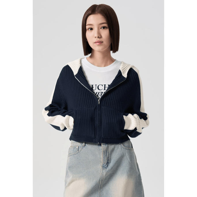 Coloration Point Knit Hoodie Zipup Navy L
