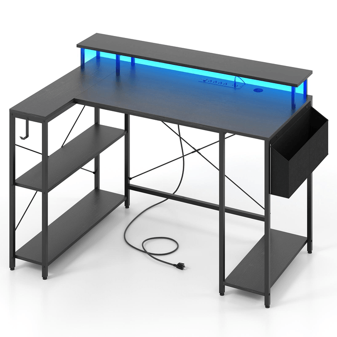 48 Inch L-Shaped GamIng Desk With LED Lights And Power Outlets-Black