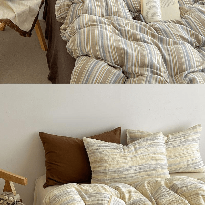 【中国直邮】 Lullabuy 织序水洗棉条纹床上四件套 蓝色-Queen