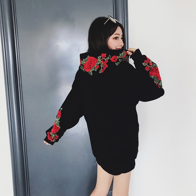 Black hoodie with embroidered rose on sale