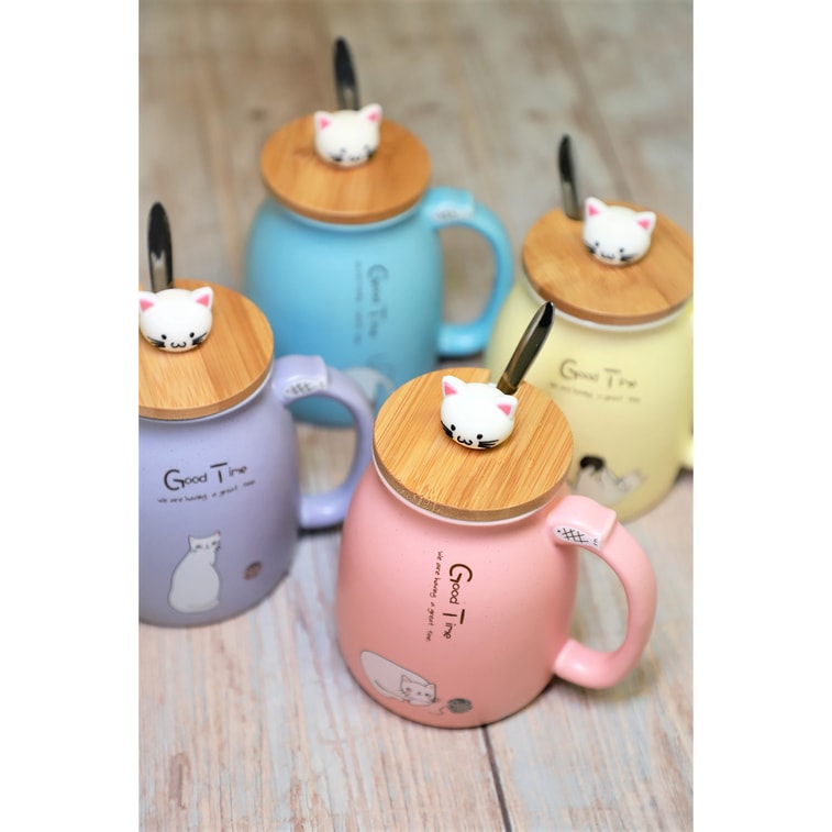 GINKGOHOME Cute Cat Milky Ceramic Mug With Spoon And Wood Lid - Sky Blue 12oz 5