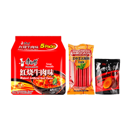 Braised Beef Flavor Instant Noodles   & Marinated  Eggs  & Ham Flavored Chicken Sausage 【Midnight Snack Value Combo】