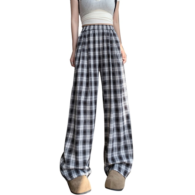 【中國直郵】 HSPM 新款高腰慵懶寬鬆顯瘦直筒褲 黑色格紋 XL