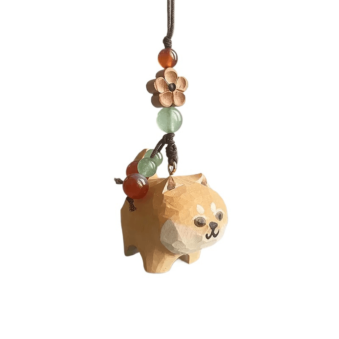 Wooden Carved Shiba Inu Peach Plum Blossom Mobile Phone Chain Braided Rope Bag Pendant *1