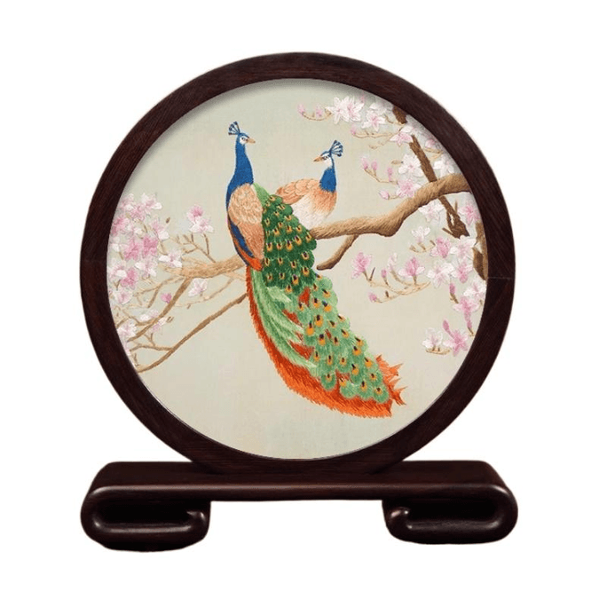 Su Embroidery, Real Silk, Silkworm Thread Embroidery Handicraft Ornament, Magnolia Peacock 21.5 * 24 * 4.5cm