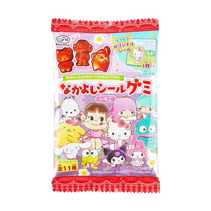 日本FUJIYA不二家 PECO x 三麗鷗造型QQ糖 草莓口味軟糖 6粒 19g【含隨機人物貼紙】