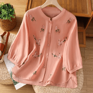 【中國直郵】 ASIS 棉麻刺繡拼接七分袖上衣襯衫-橘紅色 2XL