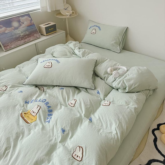 자장가 빵 토끼 세탁 코튼 자수 타월 4종 침구 세트 (시트 1개 + 이불 커버 1개 + 베개 커버 2개) - 더블 사이즈