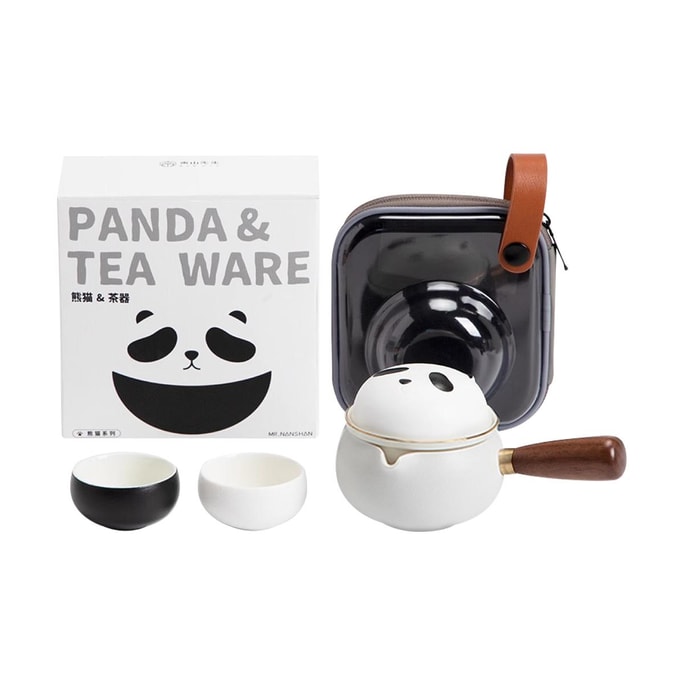 Panda Tea Set Ceramic Side Handle Tea Set Gift Box Portable Travel Tea Set,Black and White,Cup 1 Pot + 2 Cups + 1 Storag