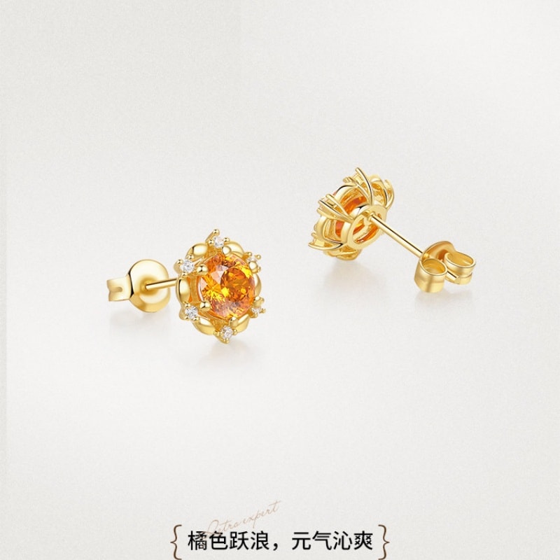 【中国直邮】 周六福 橘子汽水耳钉女S925银耳饰黄金色轻奢小众送女友本命年礼物 一对装