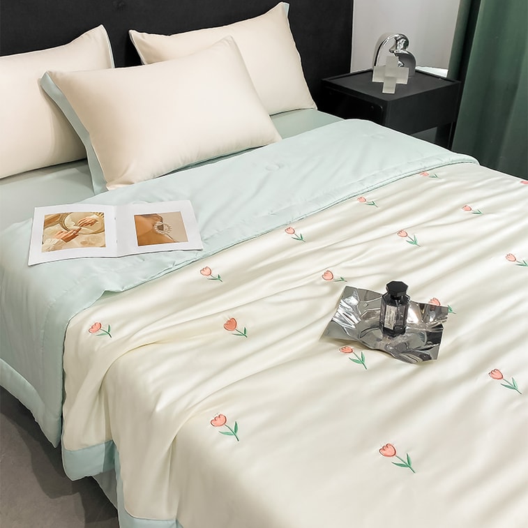 【中国直送】Lulabuy 涼しい夏用 ウォッシュドアイスシルク 刺繍入り 夏用冷感キルト エアコンキルト (掛け布団のみ) ツインサイズ バタフライワンダーランド-グリーン 3
