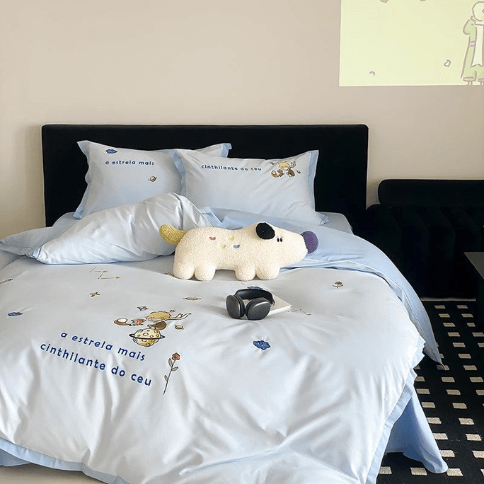 [中国からの直送] Lullabuy リトルプリンス 100S 長繊維コットン セラミック起毛ベッド 4点寝具セット (ベッドシーツ*1+掛け布団カバー*1+枕カバー*2) キングサイズ ブルー