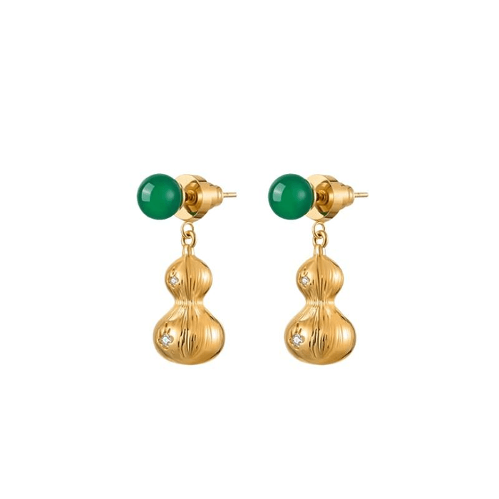 Green Agate Gold Gourd Earrings 925 Needle*1piece