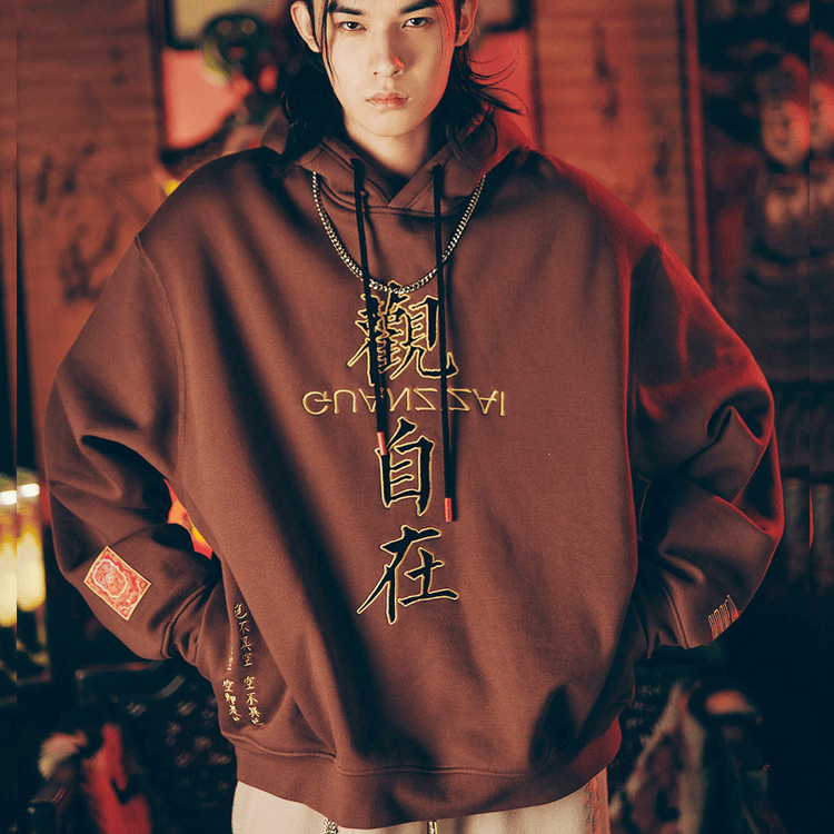 Chinese Style GUANZIZAI Embroidery Loose Hooded Hoodie For