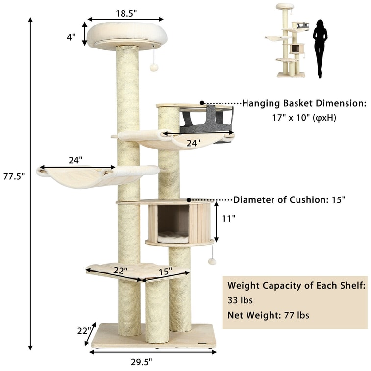 77.5 Inch Cat Tree Condo Multi-Level Kitten Activity Tower With Sisal Posts - Cream White 4
