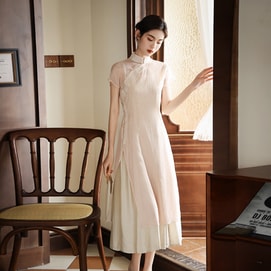 HSPM New Chinese Style Improved Qipao Sling Dress Set Light Apricot S