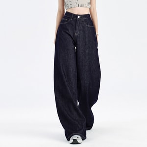 Fade Resistant Dark Blue Jeans Womens New Style American Stylish Loose Slim Fit Straight Leg Floor Length Wide Leg Pants Dark Blue Fleece Lined XS