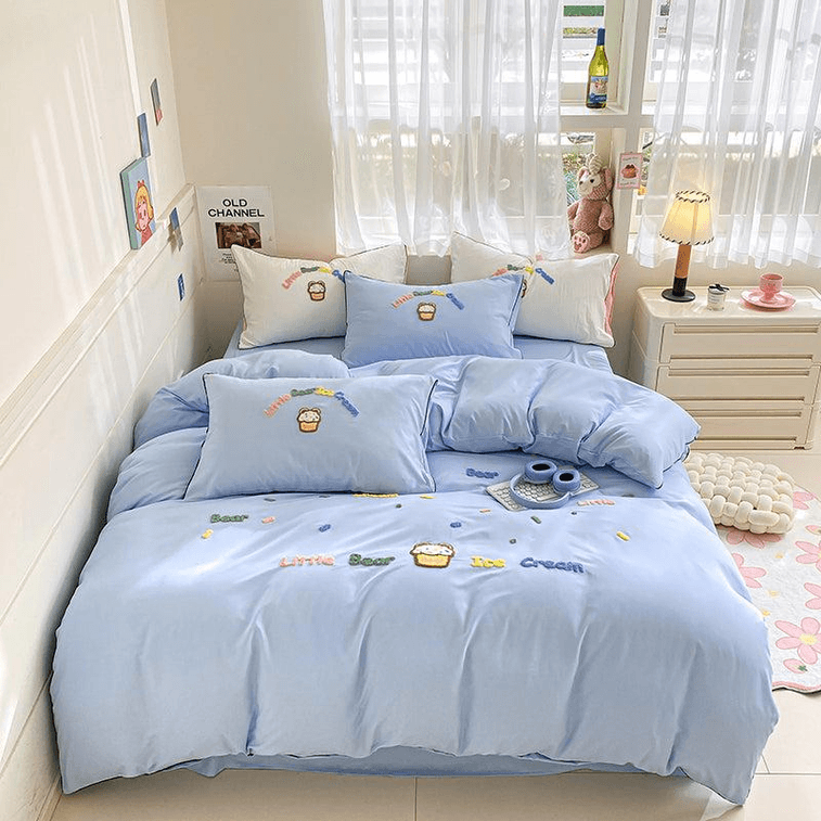 Lullabuy アイスクリームウォッシュドコットン刺繍タオル 寝具4点セット (シーツ1枚 + キルトカバー1枚 + 枕カバー2枚) - ダブルブルー 3