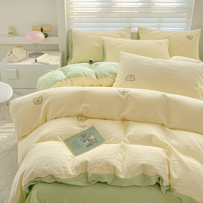 Teddy Waffle Bedding Set(Fitted) Lemon Green-Queen